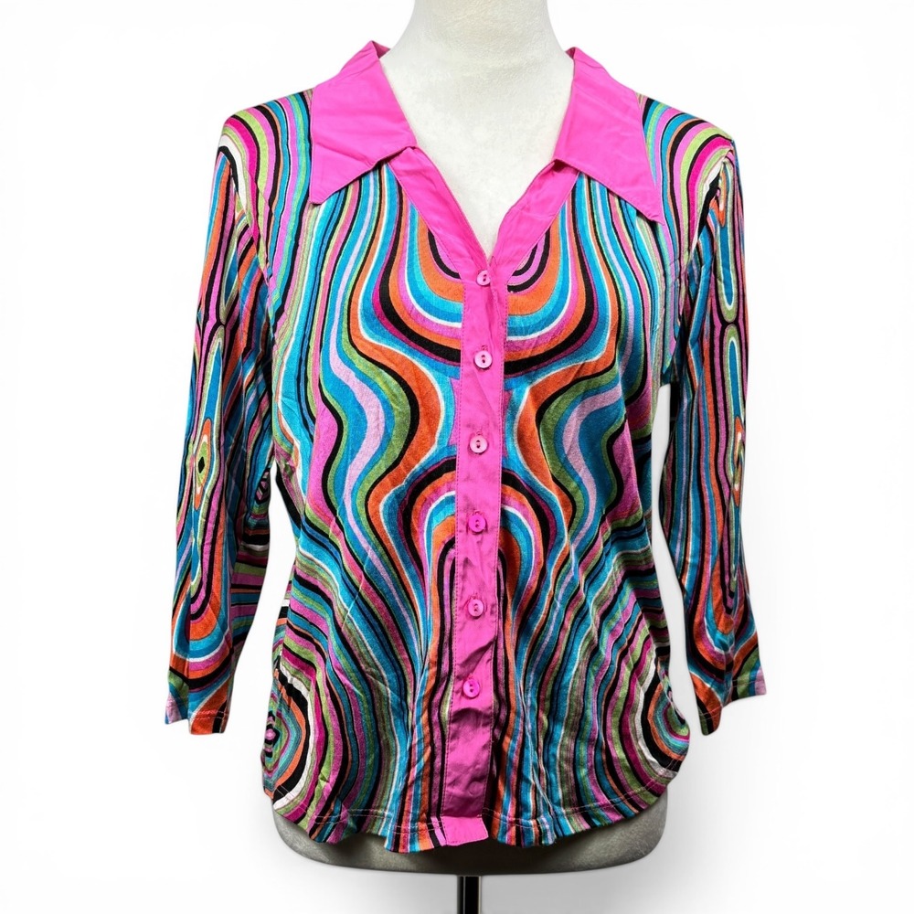Lynn Ritchie Large Psychedelic Retro Funky Chic Art Pop Groovy Silk Blend Blouse